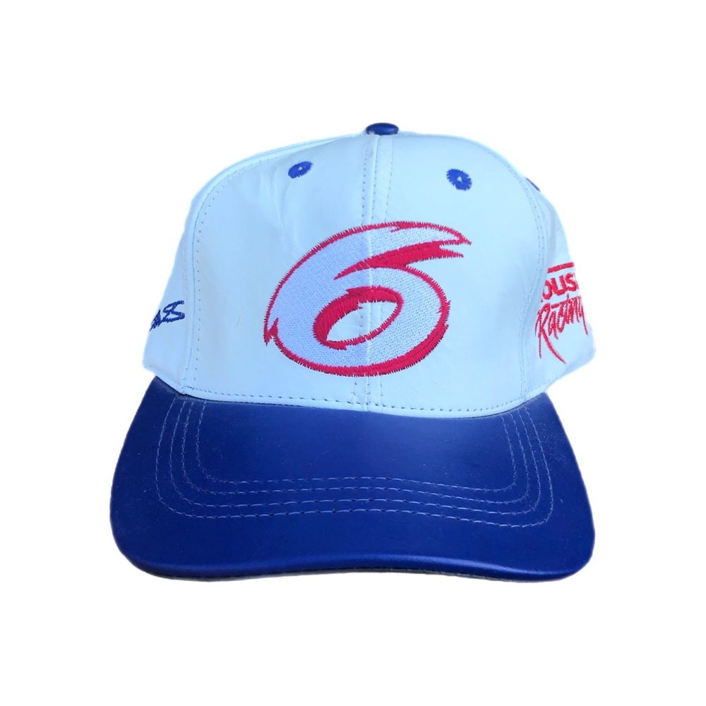 Vintage Roush Racing Hat Cap Strap Back Mens White Blue NASCAR Leather 90s